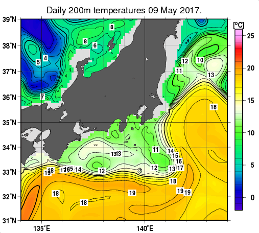 関東・東海・北陸周辺海域の深さ200mの水温分布図（5月9日）