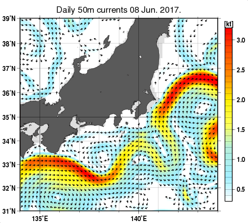 関東・東海・北陸周辺海域の深さ50mの海流分布図（6月8日）