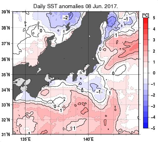 関東・東海・北陸周辺海域の海面水温平年差分布図（6月8日）