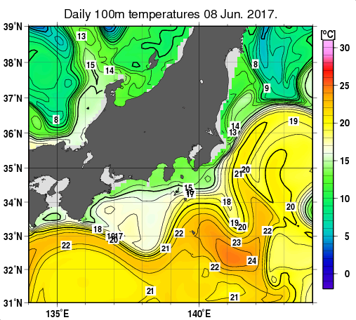 関東・東海・北陸周辺海域の深さ100mの水温分布図（6月8日）