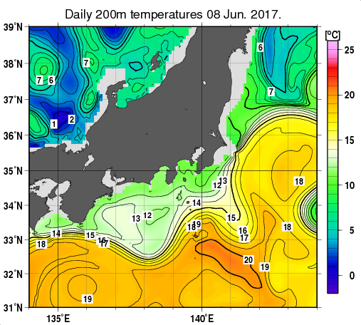 関東・東海・北陸周辺海域の深さ200mの水温分布図（6月8日）