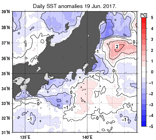 関東・東海・北陸周辺海域の海面水温平年差分布図（6月19日）