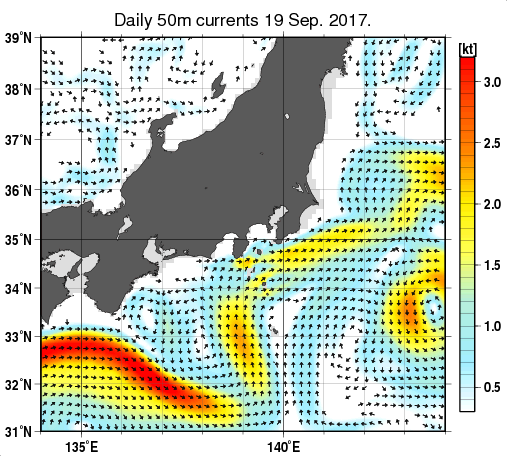 関東・東海・北陸周辺海域の深さ50mの海流分布図（9月19日）