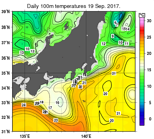関東・東海・北陸周辺海域の深さ100mの水温分布図（9月19日）