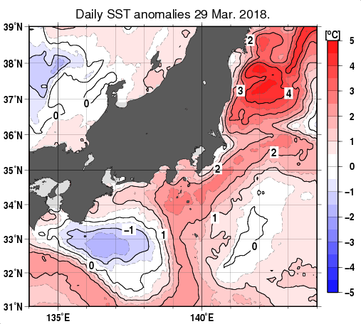 関東・東海・北陸周辺海域の海面水温平年差分布図（3月29日）