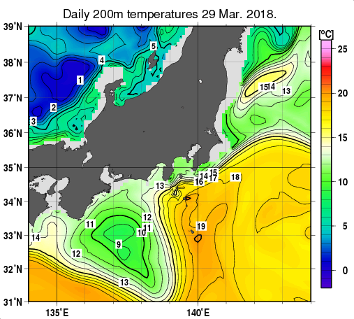関東・東海・北陸周辺海域の深さ200mの水温分布図（3月29日）