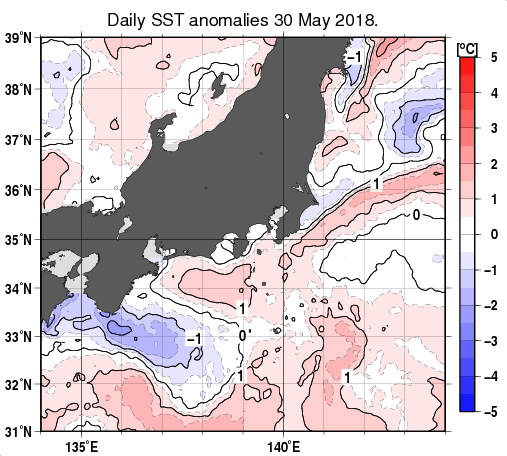 関東・東海・北陸周辺海域の海面水温平年差分布図（5月30日）