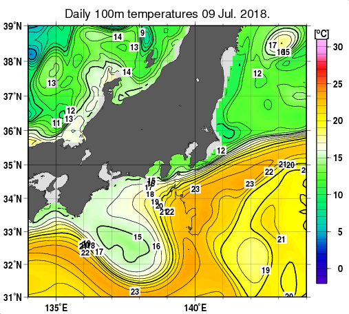 関東・東海・北陸周辺海域の深さ100mの水温分布図（7月9日）