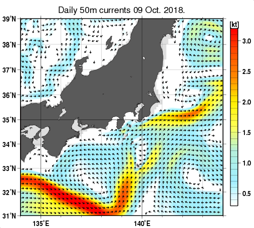 関東・東海・北陸周辺海域の深さ50mの海流分布図（10月9日）