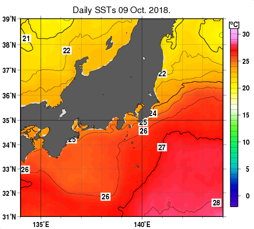 関東・東海・北陸周辺海域の海面水温分布図（10月9日）