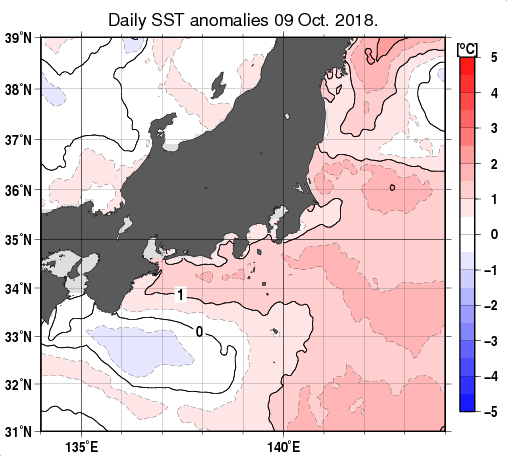 関東・東海・北陸周辺海域の海面水温平年差分布図（10月9日）
