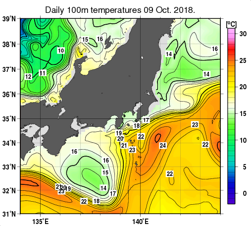 関東・東海・北陸周辺海域の深さ100mの水温分布図（10月9日）