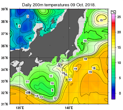 関東・東海・北陸周辺海域の深さ200mの水温分布図（10月9日）