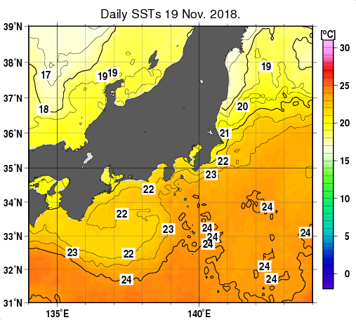 関東・東海・北陸周辺海域の海面水温分布図（11月19日）