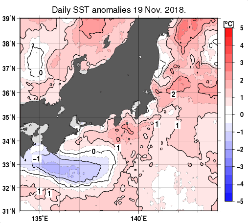 関東・東海・北陸周辺海域の海面水温平年差分布図（11月19日）