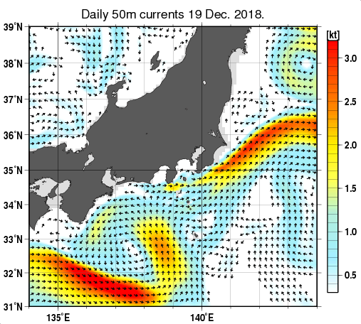 関東・東海・北陸周辺海域の深さ50mの海流分布図（12月19日）