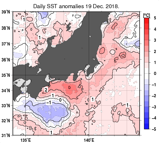 関東・東海・北陸周辺海域の海面水温平年差分布図（12月19日）