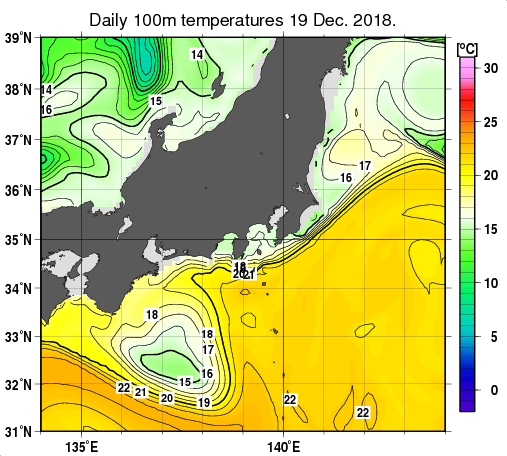 関東・東海・北陸周辺海域の深さ100mの水温分布図（12月19日）