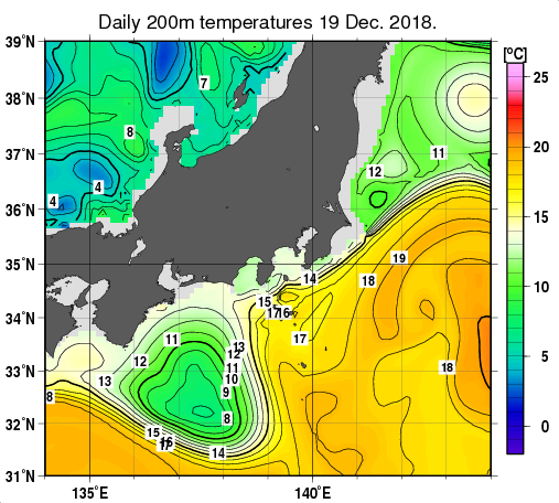 関東・東海・北陸周辺海域の深さ200mの水温分布図（12月19日）