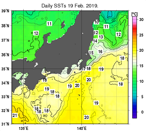 関東・東海・北陸周辺海域の海面水温分布図（2月19日）