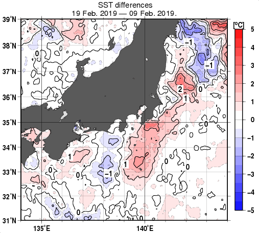 関東・東海・北陸周辺海域の10日間の海面水温変化量分布図（2月19日）