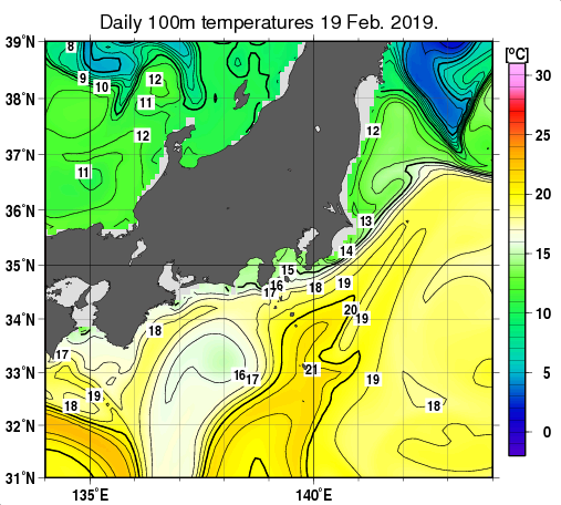関東・東海・北陸周辺海域の深さ100mの水温分布図（2月19日）