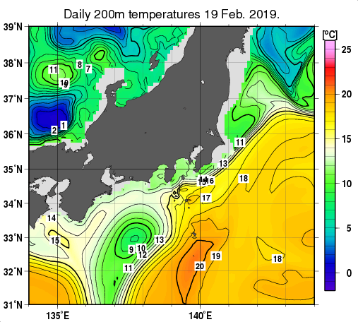 関東・東海・北陸周辺海域の深さ200mの水温分布図（2月19日）
