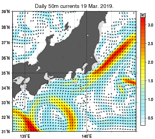 関東・東海・北陸周辺海域の深さ50mの海流分布図（3月19日）