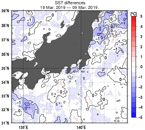 関東・東海・北陸周辺海域の10日間の海面水温変化量分布図（3月19日）