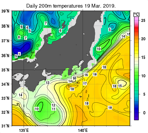 関東・東海・北陸周辺海域の深さ200mの水温分布図（3月19日）