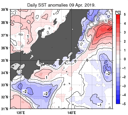 関東・東海・北陸周辺海域の海面水温平年差分布図（4月9日）