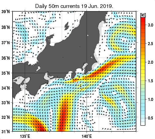 関東・東海・北陸周辺海域の深さ50mの海流分布図（6月19日）