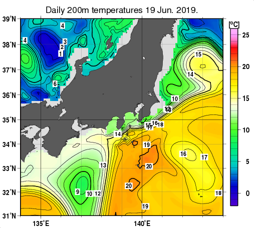 関東・東海・北陸周辺海域の深さ200mの水温分布図（6月19日）