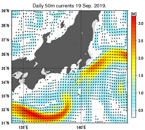 関東・東海・北陸周辺海域の深さ50mの海流分布図（9月19日）