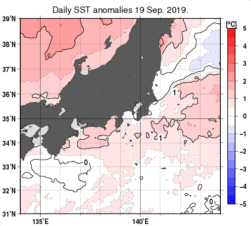 関東・東海・北陸周辺海域の海面水温平年差分布図（9月19日）