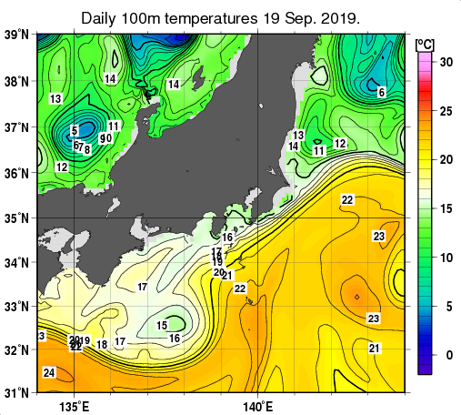 関東・東海・北陸周辺海域の深さ100mの水温分布図（9月19日）
