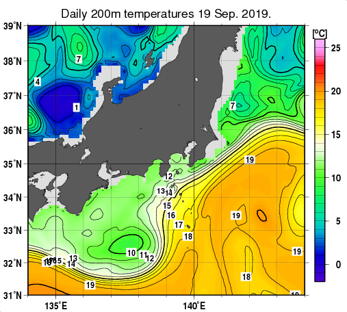 関東・東海・北陸周辺海域の深さ200mの水温分布図（9月19日）