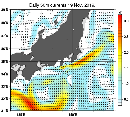 関東・東海・北陸周辺海域の深さ50mの海流分布図（11月19日）