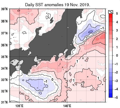 関東・東海・北陸周辺海域の海面水温平年差分布図（11月19日）
