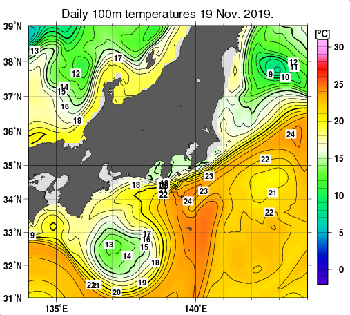 関東・東海・北陸周辺海域の深さ100mの水温分布図（11月19日）
