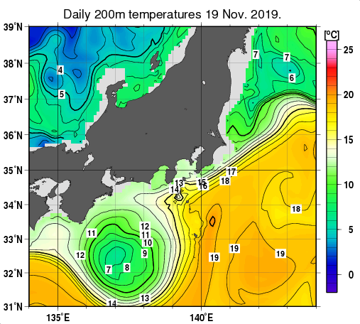 関東・東海・北陸周辺海域の深さ200mの水温分布図（11月19日）