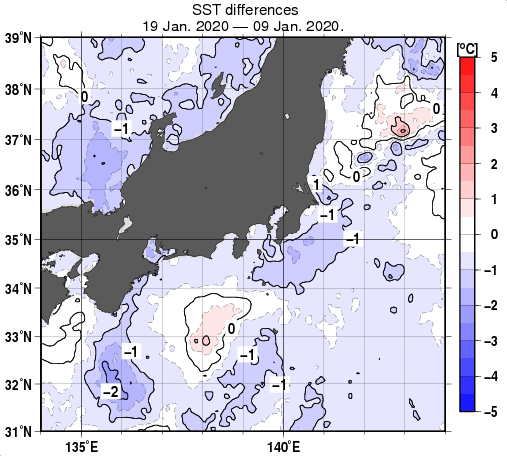 関東・東海・北陸周辺海域の10日間の海面水温変化量分布図（1月19日）
