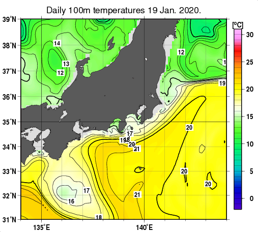 関東・東海・北陸周辺海域の深さ100mの水温分布図（1月19日）