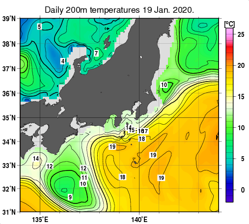 関東・東海・北陸周辺海域の深さ200mの水温分布図（1月19日）