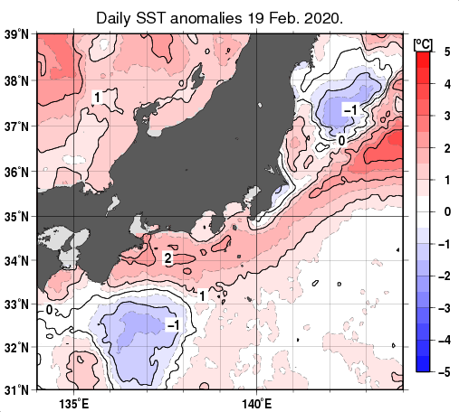 関東・東海・北陸周辺海域の海面水温平年差分布図（2月19日）