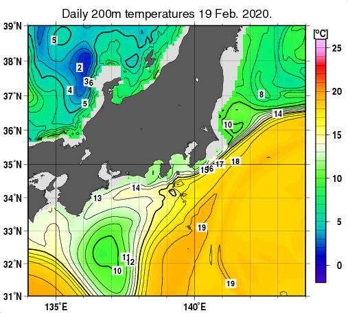 関東・東海・北陸周辺海域の深さ200mの水温分布図（2月19日）