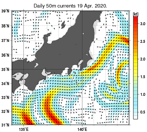 関東・東海・北陸周辺海域の深さ50mの海流分布図（4月19日）