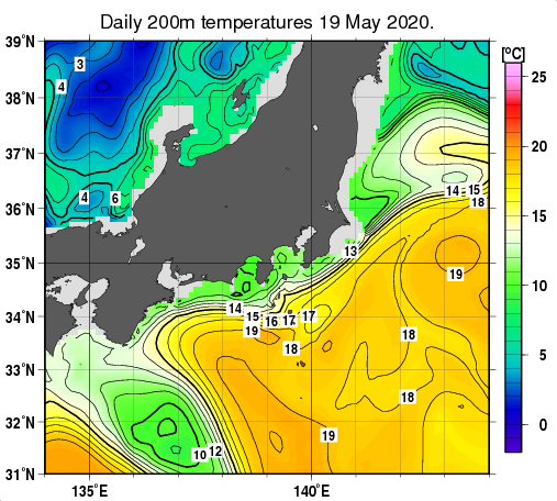 関東・東海・北陸周辺海域の深さ200mの水温分布図（5月19日）