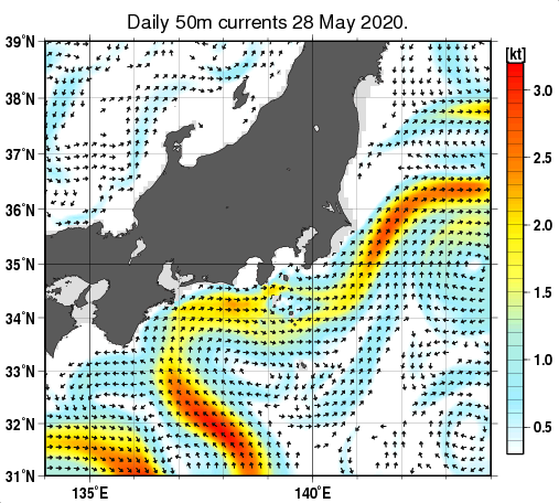 関東・東海・北陸周辺海域の深さ50mの海流分布図（5月28日）