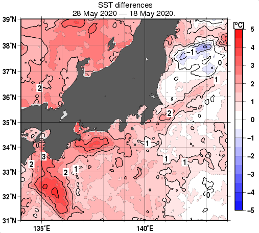 関東・東海・北陸周辺海域の10日間の海面水温変化量分布図（5月28日）